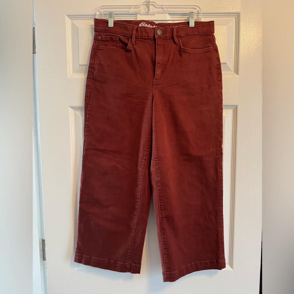 Eddie Bauer Slightly Curvy High-Rise Wide Leg Crop Jeans in Burgundy